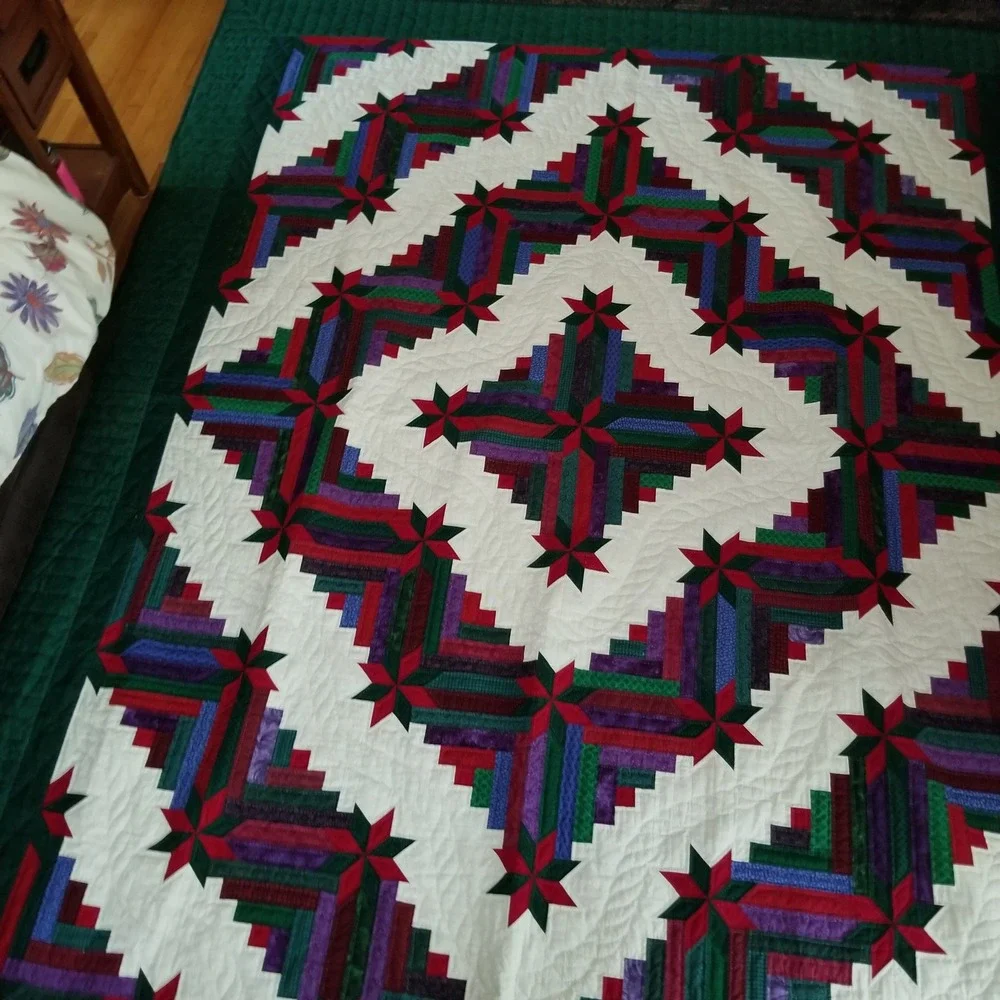 Homemade hand quilted Log Cabin Star Quilt King cal. King Patchwork Bedspread
